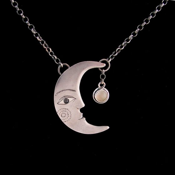 moon profile pendant handmade in silver